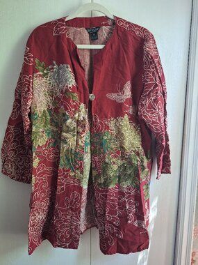 Citron Santa Monica Women’s XL Red Floral Butterfly Asian Inspired Tunic Jacket